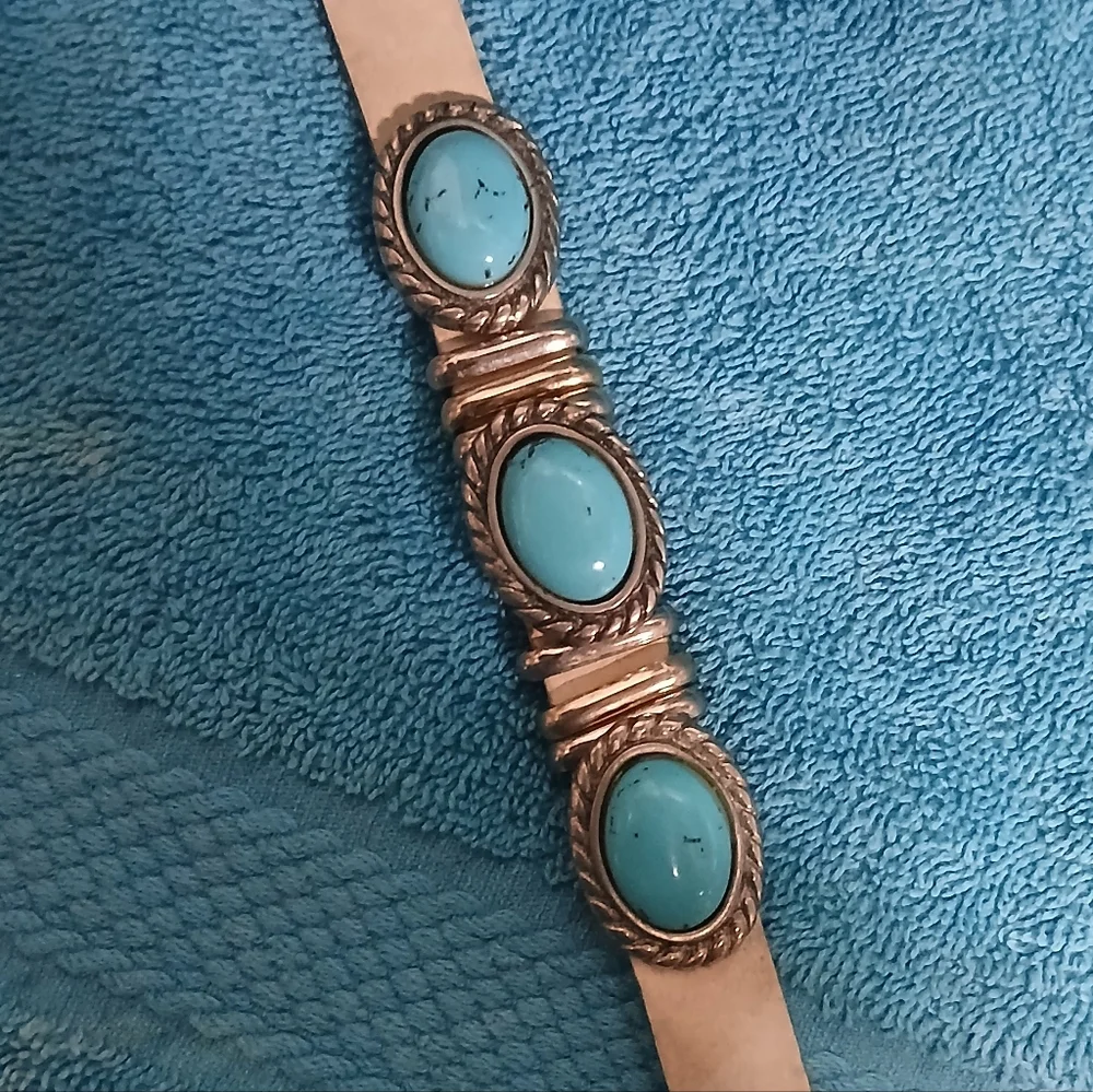 Turquoise Tan Leather and Silver Bracelet